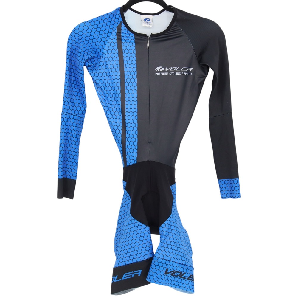 Voler TT Cycling Skinsuit Mens Size S Blue Black Hexagon Long Sleeve USA Made